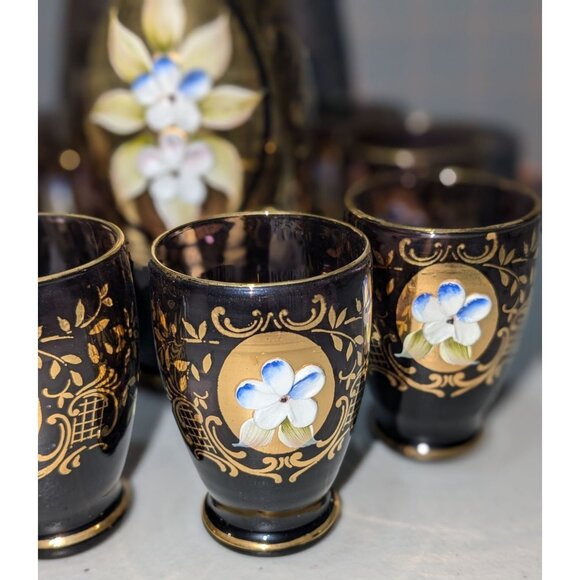 Vintage Amethyst Decanter Set 8 Hand-Painted Cups Gold Gilded Raised Floral Desi - Picture 3 of 16